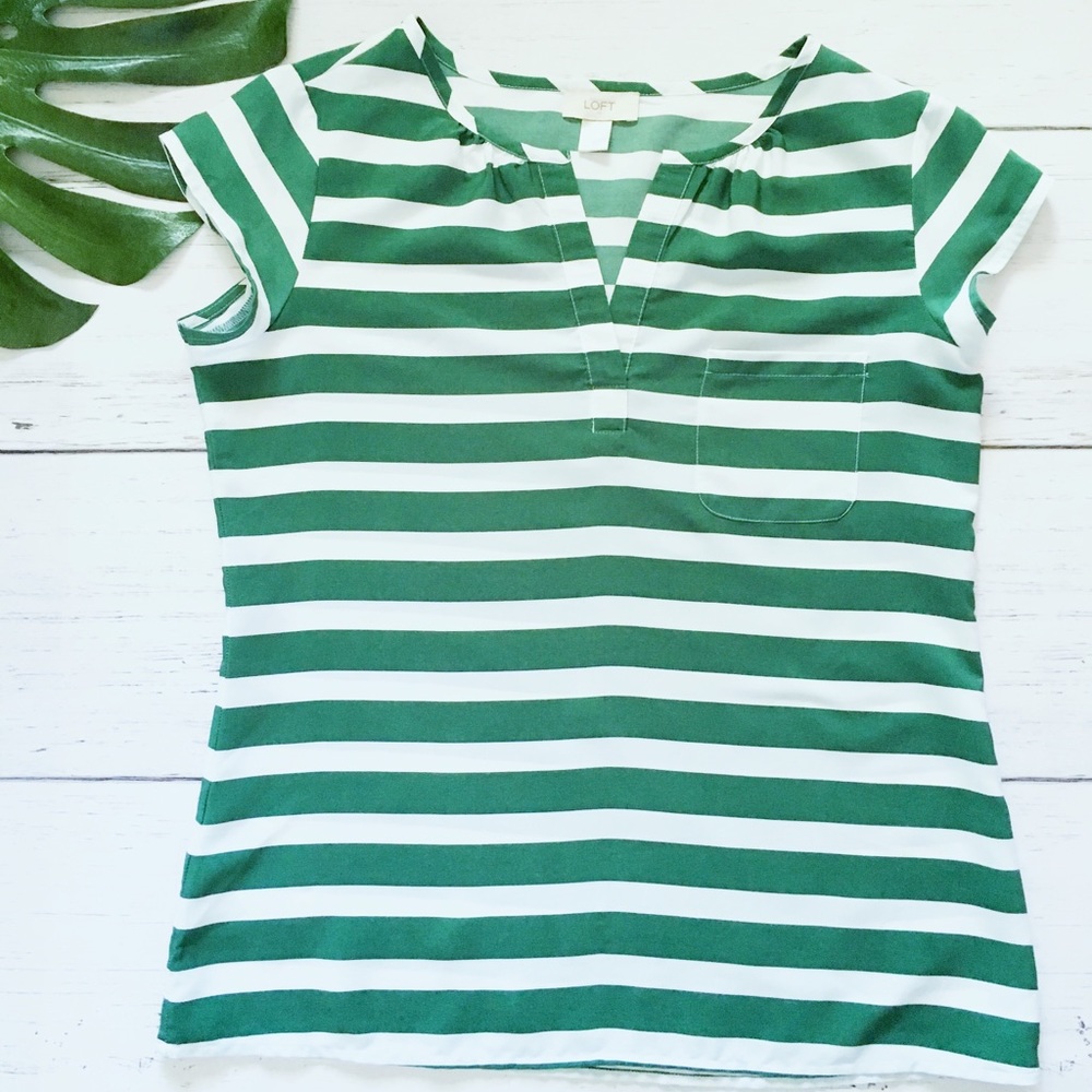 Loft green and white stripe short sleeve blouse